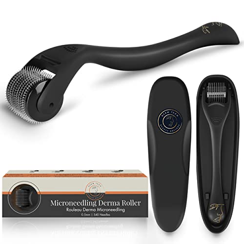 DermTech Derma Microneedling Roller - 0.5mm Titanium Needles - 540 Needles - For Men and Women - Beard Roller Face Roller (Matte Black)