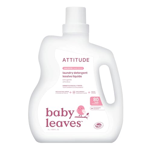 ATTITUDE Baby Laundry Detergent Liquid, EWG Verified, Safe for Baby Clothes, Infant and Newborn, Vegan and Naturally Derived Washing Soap, HE Compatible, Unscented, 80 Loads, 2 Liters