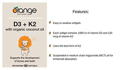 Orange Naturals - Vitamin D3+K2-90 Softgels - With Organic Coconut Oil - Support Bone & Teeth Health, Reduce Osteoporosis, Maintain Muscle, Enhanced Absorption & Prevent D Deficiency Cholecalciferol