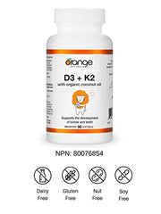 Orange Naturals - Vitamin D3+K2-90 Softgels - With Organic Coconut Oil - Support Bone & Teeth Health, Reduce Osteoporosis, Maintain Muscle, Enhanced Absorption & Prevent D Deficiency Cholecalciferol