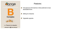 Orange Naturals - Vitamin B-Complex with L-Theanine - 45 v-caps - Coenzyme B Complex Vitamins Supplements - B Complex - Mental Health, Energy Boost, Relaxation and Sleep - B Complex Capsules