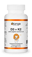 Orange Naturals - Vitamin D3+K2-90 Softgels - With Organic Coconut Oil - Support Bone & Teeth Health, Reduce Osteoporosis, Maintain Muscle, Enhanced Absorption & Prevent D Deficiency Cholecalciferol