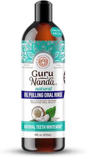 GuruNanda Coconut Oil Pulling with 7 Essential Oils and Vitamin D3, E, K2 (Mickey D), Helps with Fresh Breath, Teeth & Gum Health & More - 16 fl oz