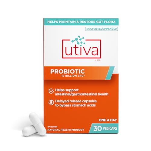 Utiva Probiotic – Urinary Tract and Gut Health Supplement – 12 Billion CFU Lactobacillus & Bifidobacterium Probiotic for Men and Women, 30 Delayed Release Vegi Capsules