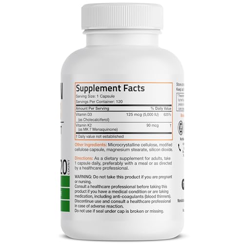 Bronson Vitamin K2 (MK7) with D3 Supplement Non-GMO Formula 5000 IU Vitamin D3 & 90 mcg Vitamin K2 MK-7 Easy to Swallow Vitamin D & K Complex, 120 Capsules.