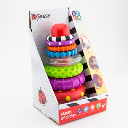 Sassy Stacks of Circles - Stacking Ring STEM Developmental Learning Toy - High Contrast Multicolored 9 Piece Set - For Ages 6+ Months