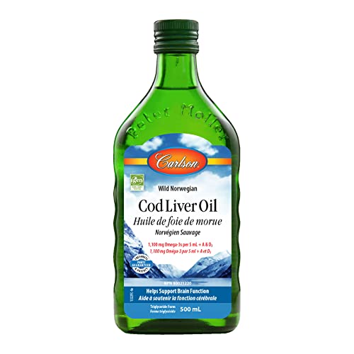 Carlson - Cod Liver Oil, 1100 mg Omega-3s + A & D3, Wild-Caught Norwegian Arctic Cod-Liver Oil, Sustainably Sourced Nordic Fish Oil Liquid, Unflavored, 500 mL (16.9 Fl Oz)