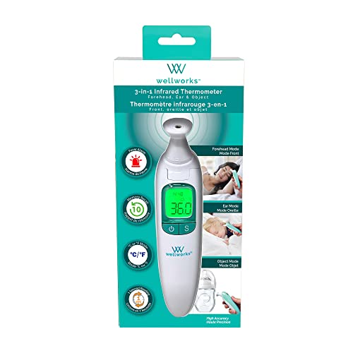 Wellworks 3-in-1 Infared Thermometer - Baby Thermometer for Ear, Forehead & Object Use - High Accuracy, Rapid Reading, with Memory Recall and Fever Alarm - Suitable for Ages Newborn and Up