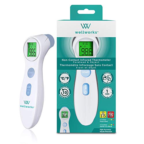 Wellworks Non-Contact Infrared Thermometer - Baby Thermometer for Forehead and Object Use - High Accuracy, Rapid Reading, with Memory Recall and Fever Alarm - Suitable for Ages Newborn and Up