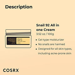 COSRX Snail Mucin 92% Repair Cream, Daily Face Gel Moisturizer for Dry Skin, Acne-prone, Sensitive Skin, Not Tested on Animals, No Parabens, Korean Skincare (3.52 Fl Oz (Pack of 1))