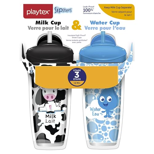 Playtex Baby Sipsters Stage 3 Spill-Proof, Leak-Proof, Insulated Toddler Straw Sippy Cups - Milk and Water, 9 Oz, 2 Count