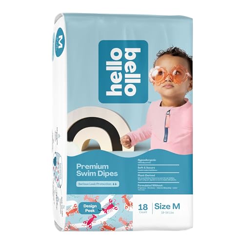 Hello Bello Premium Swim Diapers - Affordable Hypoallergenic and Eco-Friendly Disposable Swim Dipes for Babies and Kids, Size Medium (Diaper Size 4/5) - Swimming Sloths Design, 18 Count