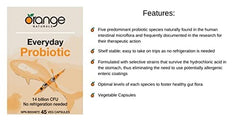 Orange Naturals - Everyday Probiotic Supplement - 45 Caps - For Men & Women - 14 Billion CFU Multistrain - Probiotic for Digestive Health, Gastrointestinal Relief, Gut Flora Intestina l- Natural Shelf-Stable