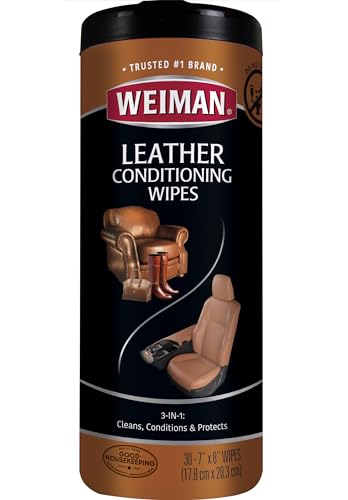 Weiman Leather Cleaner & Conditioner Wipes With UV Protection, Prevent Cracking Or Fading Of Leather Couches, Car Seats, Shoes, Purses - 30 ct