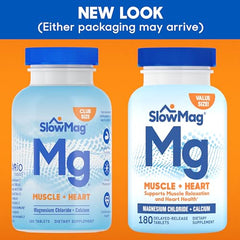 SlowMag Muscle + Heart Magnesium Chloride with Calcium Supplement to Support Muscle Relaxation, Occasional Muscle Cramping & Heart Health, High Absorption, 180 Count