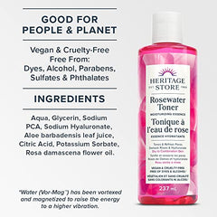 Heritage Store Rosewater Toner Moisturizing Essence | Tones and Refines Pores | Vegan & Cruelty Free | Free of Dyes & Alcohol | 237ml, Clear (Pack of 1)