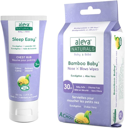 Aleva Naturals Stuffy Nose Kit - 2 Piece| Nose 'n' Blows Wipes | Sleep Easy Chest Rub | Natural | Organic | Hypoallergenic | Biodegradable | Sensitive Skin | Soothing & Moisturizing | Unbleached