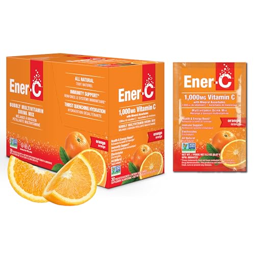 Ener-C Orange Multivitamin Drink Mix, 1000mg Vitamin C, Non-GMO, Vegan, Real Fruit Juice Powders, Natural Immunity Support, Electrolytes, Gluten Free, 1-Pack of 30 Orange