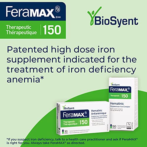 FeraMAX Pd Therapeutic 150 Iron Supplement - Once Daily High Dose Iron Supplement No.1 Recommended Treatment for Iron Deficiency Anemia - 150mg of Elemental Iron per Capsule, 100 Capsules