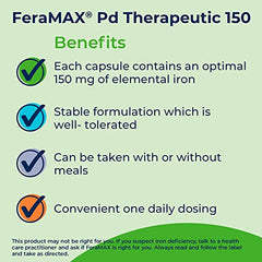 FeraMAX Pd Therapeutic 150 Iron Supplement - Once Daily High Dose Iron Supplement No.1 Recommended Treatment for Iron Deficiency Anemia - 150mg of Elemental Iron per Capsule, 30 Capsules