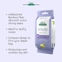 Aleva Naturals Bamboo Baby Nose 'n' Blows Wipes for Cleaning Stuffy Noses with Saline, Natural and Organic Formula, Extra Strong and Ultra-Soft, Biodegradable - 30 Count