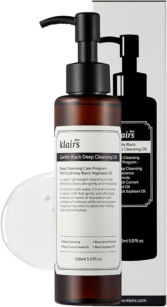 Dear, Klairs Gentle Black Deep Cleansing Oil 150ml, Natural oil makeup remover for sensitive skin from black bean, Double cleanser to emulsify blackheads, hydrating, cleansing oil korean (5.07oz)