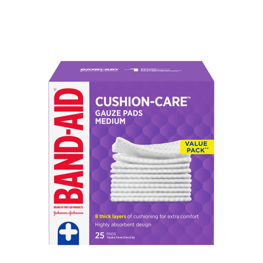 Band-Aid Brand CUSHION-CARE(TM) Gauze Pads are Sterile and Ideal for Minor Cuts, Scrapes & Burns, Non-Adhesive & Individually-Wrapped Wound Care Dressing Pads, Medium Size, 3 inches x 3 inches, 25 count, Value Pack