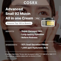 COSRX Snail Mucin 92% Repair Cream, Daily Face Gel Moisturizer for Dry Skin, Acne-prone, Sensitive Skin, Not Tested on Animals, No Parabens, Korean Skincare (3.52 Fl Oz (Pack of 1))