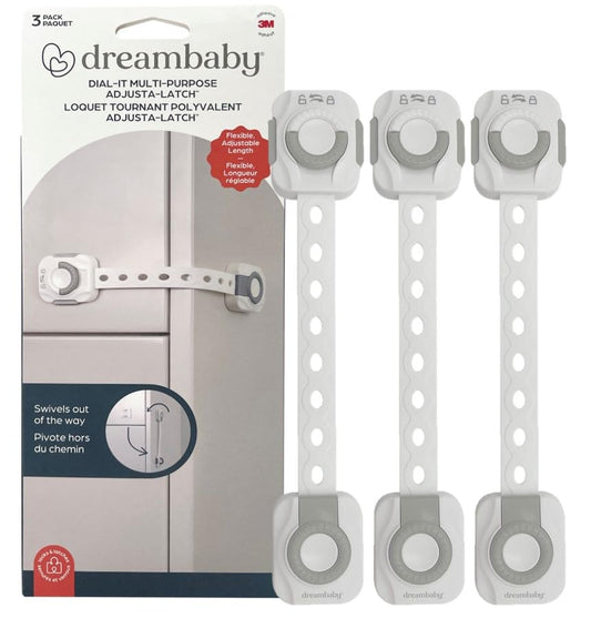 Dreambaby® Dial-It Adapta Strap Latch, 3 Pack - Baby Proof Cabinet Locks for Home Safety - Flexible, Adjustable, and Easy to Install - Grey/White