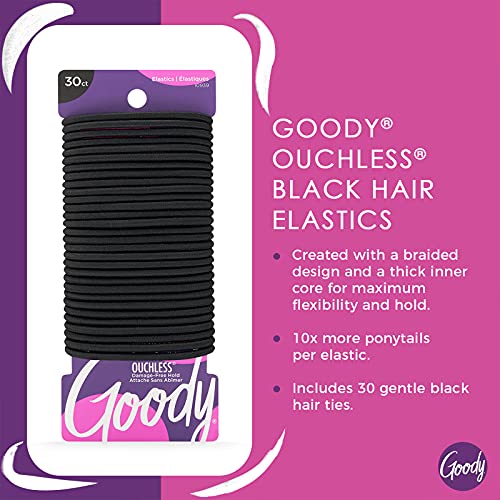 Goody Ouchless Hair Ties, Damage-Free Hold, 4MM Hair Elastics, Hair Styling Accessories for Women, All Hair Types, Black - 30 Ct