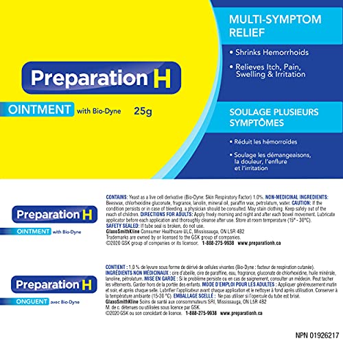 Preparation H Multi-Symptom Hemorrhoid Treatment Ointment with Bio-Dyne, 25g Tube