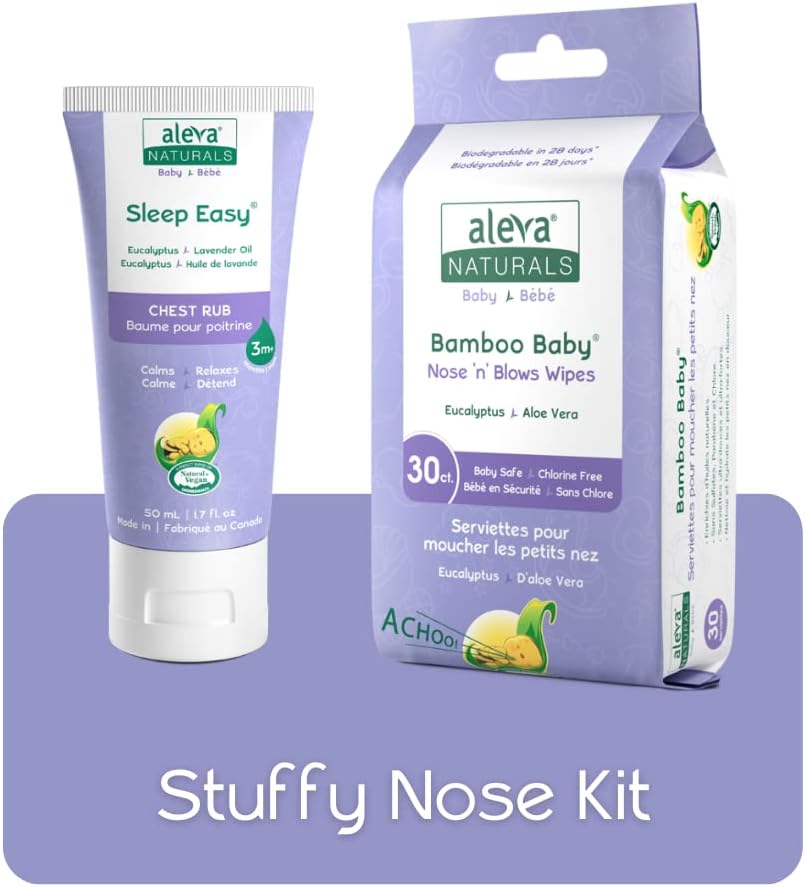 Aleva Naturals Stuffy Nose Kit - 2 Piece| Nose 'n' Blows Wipes | Sleep Easy Chest Rub | Natural | Organic | Hypoallergenic | Biodegradable | Sensitive Skin | Soothing & Moisturizing | Unbleached