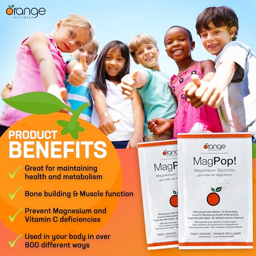 Orange Naturals MagPop! Effervescent Magnesium Glycinate Drink Powder with Vitamin C, 35 Sachets - Electrolyte Balance, Supports Sleep, Relaxation & Muscle Function, for Healthy Bones & Teeth