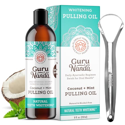 GuruNanda Coconut & Peppermint Oil Pulling (8 Fl.Oz) with Tongue Scraper - Alcohol Free Mouthwash for Fresh Breath, White Teeth & Healthy Teeth & Gums