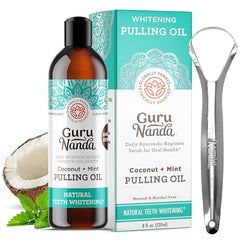 GuruNanda Coconut & Peppermint Oil Pulling (8 Fl.Oz) with Tongue Scraper - Alcohol Free Mouthwash for Fresh Breath, White Teeth & Healthy Teeth & Gums