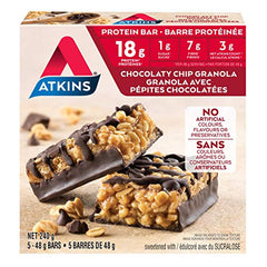 Atkins Protein Bars - Chocolaty Chip Granola, Low Sugar, Keto Friendly, High Protein, High Fibre, 1g Sugar, 3g Carbs, 5ct