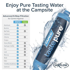 Camco TastePURE RV Water Filter - New & Advanced RV Inline Water Filter with Flexible Hose Protector - GAC & KDF Water Filter - Made in USA - Camping Essentials for Fresh Drinking Water (40043)