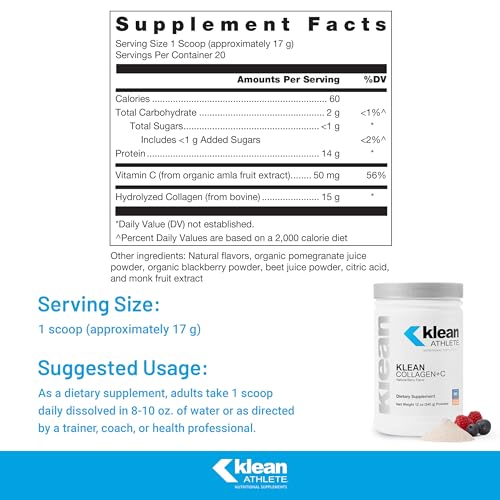 Klean ATHLETE Klean Collagen+C - Collagen Peptides with Vitamin C - for Joint & Connective Tissue Support - 12 Ounces - Natural Berry Flavor