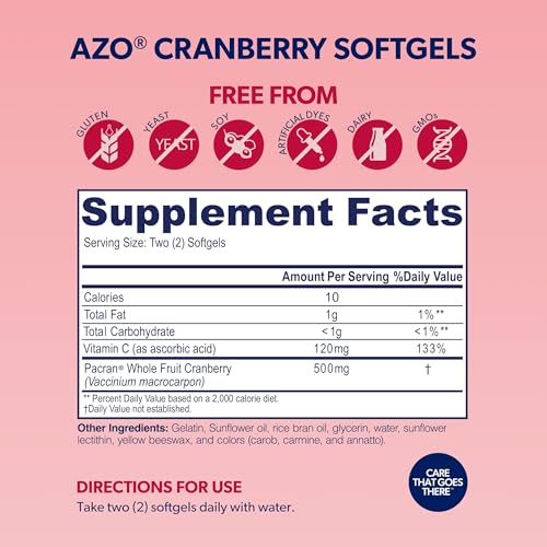 AZO Cranberry Supplement, Made with Concentrated Whole Fruit Cranberry Powder to Help Cleanse and Protect the Urinary Tract*, Sugar Free Cranberry Pills, Non-GMO, 100 Softgels