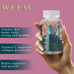 WEEM Hair Skin and Nails Gummies - Supports healthy hair - Vegan biotin Vitamins for Women & Men Supports Faster Hair Growth, Stronger Nails, Healthy Skin, Extra Strength (1)