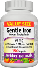 Webber Naturals Gentle Iron Supplement with Vitamin C, B12 and Folic Acid, 28 mg, 150 Capsules, Stomach-Friendly, Non-Constipating, Helps Prevent Iron Deficiency Anemia