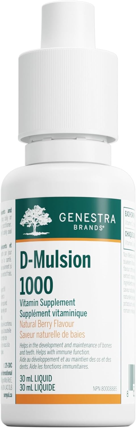 Genestra Brands D-Mulsion 1000 IU - Liquid Vitamin D3 - For Healthy Bones & Teeth - Immune Function Support - Non-GMO, Gluten Free & Dairy Free - 30 mL - Natural Berry Flavour