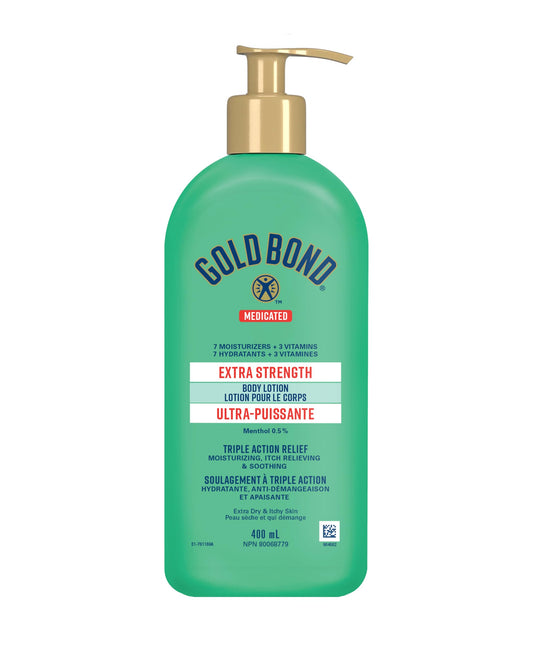 Gold Bond Extra Strength Body Lotion, 400ml Pump Bottle, Medicated Lotion that Moisturizes and Provides Itch Relief from Sunburn, Minor Skin Irritation, Minor Cuts and Insect Bites