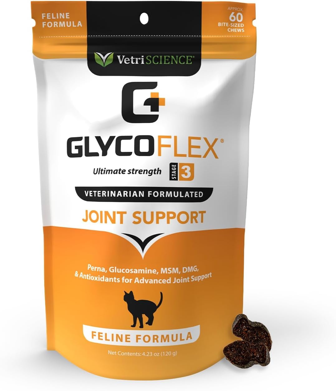 VetriScience GlycoFlex 3, Clinically Proven Joint Support Cat Supplements - Hip and Joint Health Supplement with Glucosamine, MSM, Green Lipped Mussel & DMG - 60 Chews, Chicken Flavorâ€‹