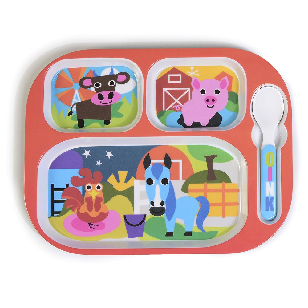 French Bull 11" Kids Everyday Tray - Divided Tray and Spoon Set, Farm Animals (74411)