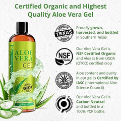 Organic Aloe Vera Gel from freshly cut 100% Pure Aloe - Big 12oz - HighestQuality, Texas grown, Vegan, Unscented - For Face, Skin, Hair, Sunburn relief