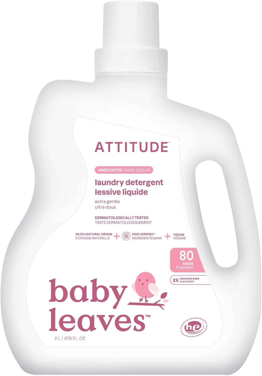 ATTITUDE Baby Laundry Detergent Liquid, EWG Verified, Safe for Baby Clothes, Infant and Newborn, Vegan and Naturally Derived Washing Soap, HE Compatible, Unscented, 80 Loads, 2 Liters