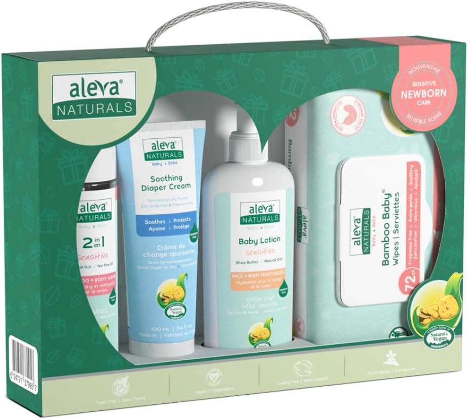 Aleva Naturals Newborn Baby Care Kit includes: Bamboo Baby Wipes, Daily Soothing Moisturizer and Diaper Cream, 2 in 1 Hair & Body Wash - Plant-Based and Organic Formula, Hypoallergenic, 4 Piece Set