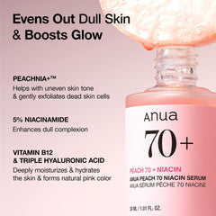 ANUA Peach 70% Niacinamide Serum/brightening hydrating face serum hyperpigmentation treatment reducing melanine daily clean beauty (1.01 fl.oz / 30ml)