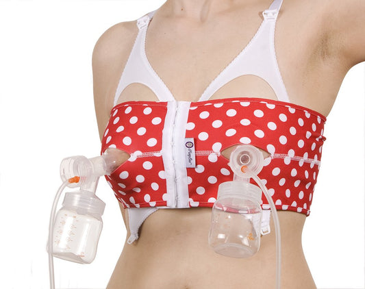 Hands Free Pumping Bra | Snugabell PumpEase adjustable and comfortable pumping bra made with spandex technical fabric, supports two breast pumping bottles & flanges | Red & White Polka Dots Size L